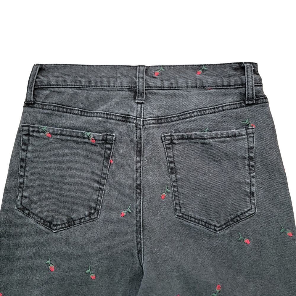 TINSEL DENIM COUTURE Dark Grey Washed Rose Embroidered Jeans Womens 27 Retro - Picture 2 of 14